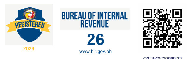 BIR Registration Seal: Registered 2026, Bureau of Internal Revenue, with QR code. RSN 018RC20260000008302.